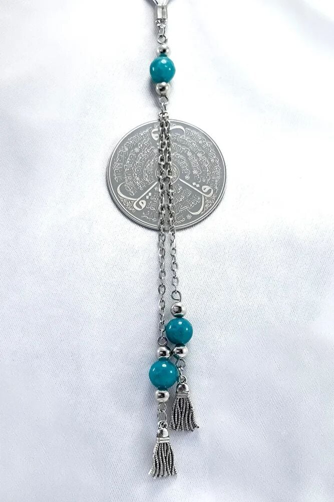 Silver Color Pendant Turquoise Stone Steel Double Sided Ayetel Kursi/ Felak Nas Ihlas Car Rearview Mirror Ornament