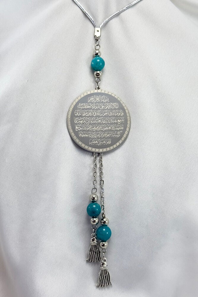 Silver Color Pendant Turquoise Stone Steel Double Sided Ayetel Kursi/ Felak Nas Ihlas Car Rearview Mirror Ornament