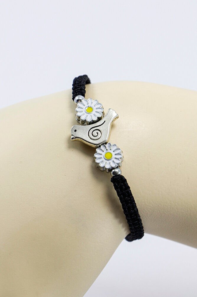 Metal Gümüş Renkli Kuş ve Papatyalar Ayarlanabilir Asansörlü Bileklik