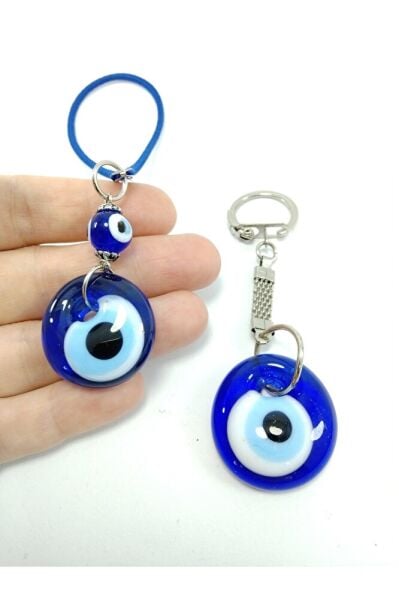 Nazar Boncuğu Anahtarlık Araba / Dikiz Ayna Süsü Sade Ikili Set El Yapımı Cam Hediyelik Eşya