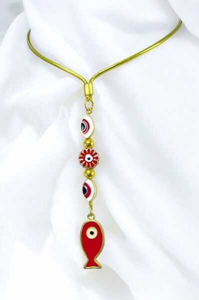 Kırmızı Çerçeveli Nazar Çiçekli Metal Balık Araba Dikiz Ayna Süsü