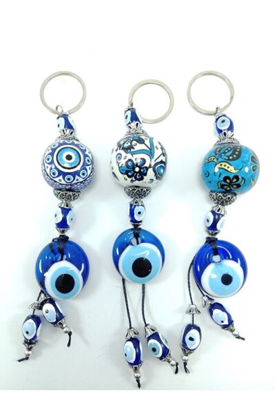 Nazar Boncuğu Anahtarlık El Yapımı Cam Aksesuar Seramik Hediyelik Eşya Üçlü Set