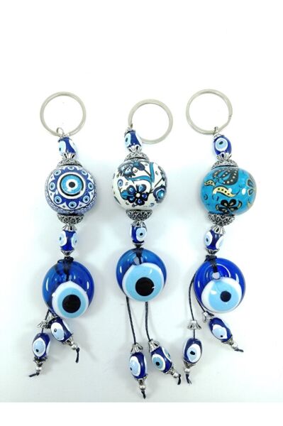 Nazar Boncuğu Anahtarlık El Yapımı Cam Aksesuar Seramik Hediyelik Eşya Üçlü Set