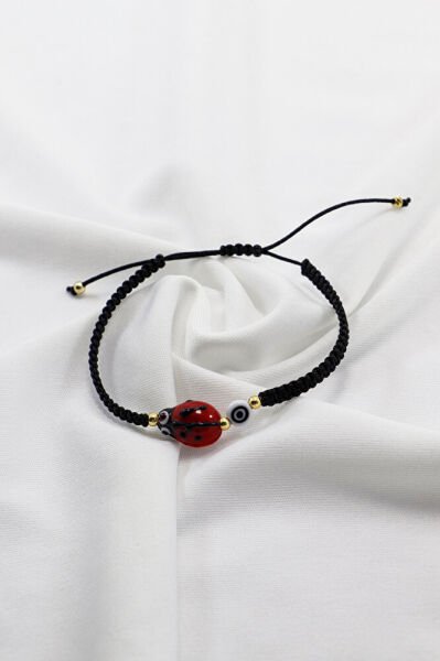 El Yapımı Cam Uğur Böceği Siyah Beyaz Nazar Boncuğu Ayarlanabilir Asansörlü Bileklik