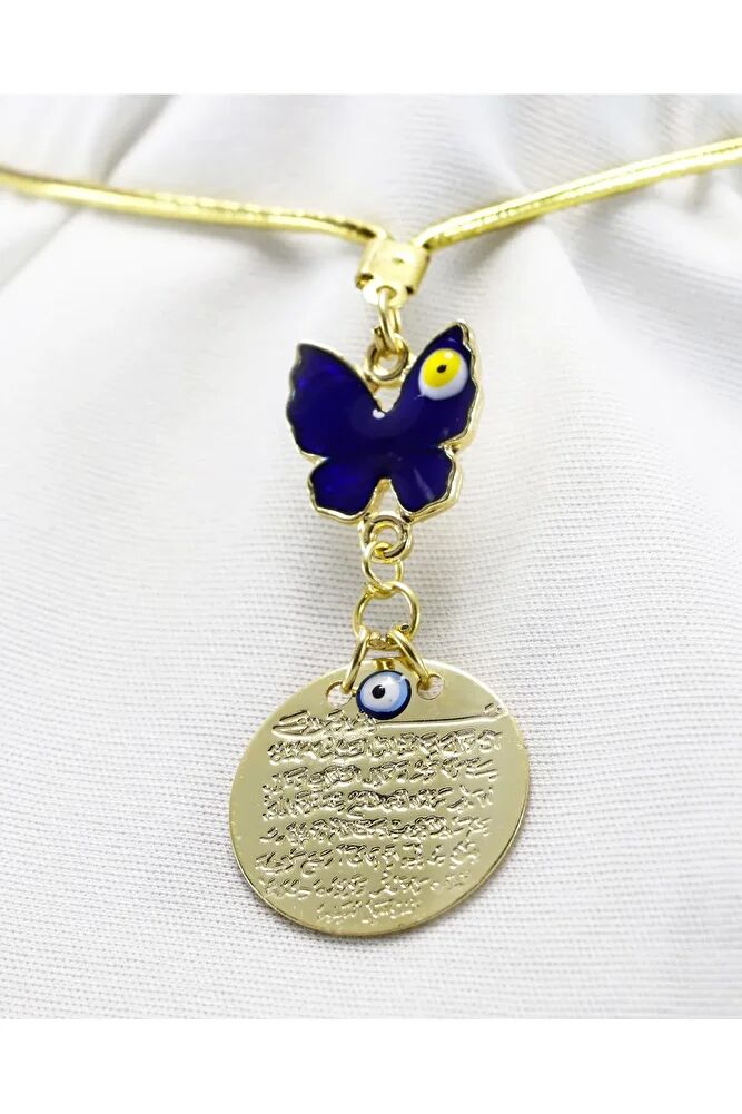 Lacivert Kelebek Nazar Boncuğu Ayetel Kürsi Metal Dikiz Ayna Süsü, Gold Renkli