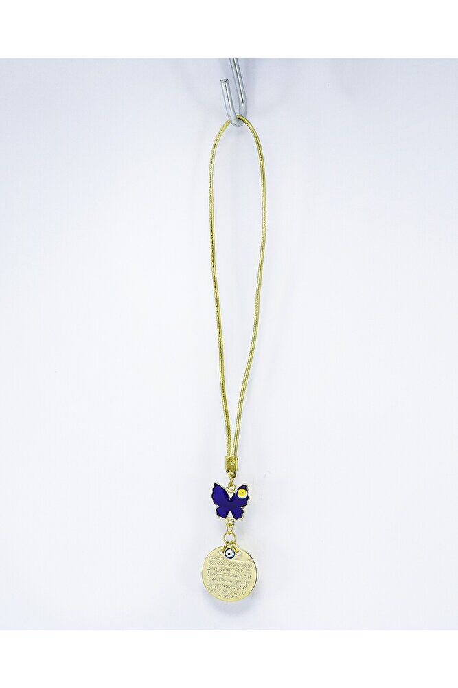 Lacivert Kelebek Nazar Boncuğu Ayetel Kürsi Metal Dikiz Ayna Süsü, Gold Renkli