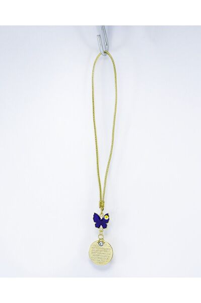 Lacivert Kelebek Nazar Boncuğu Ayetel Kürsi Metal Dikiz Ayna Süsü, Gold Renkli