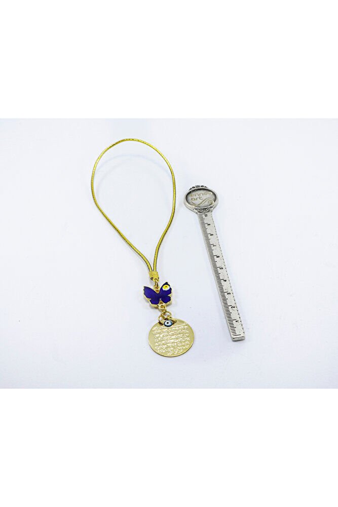 Lacivert Kelebek Nazar Boncuğu Ayetel Kürsi Metal Dikiz Ayna Süsü, Gold Renkli