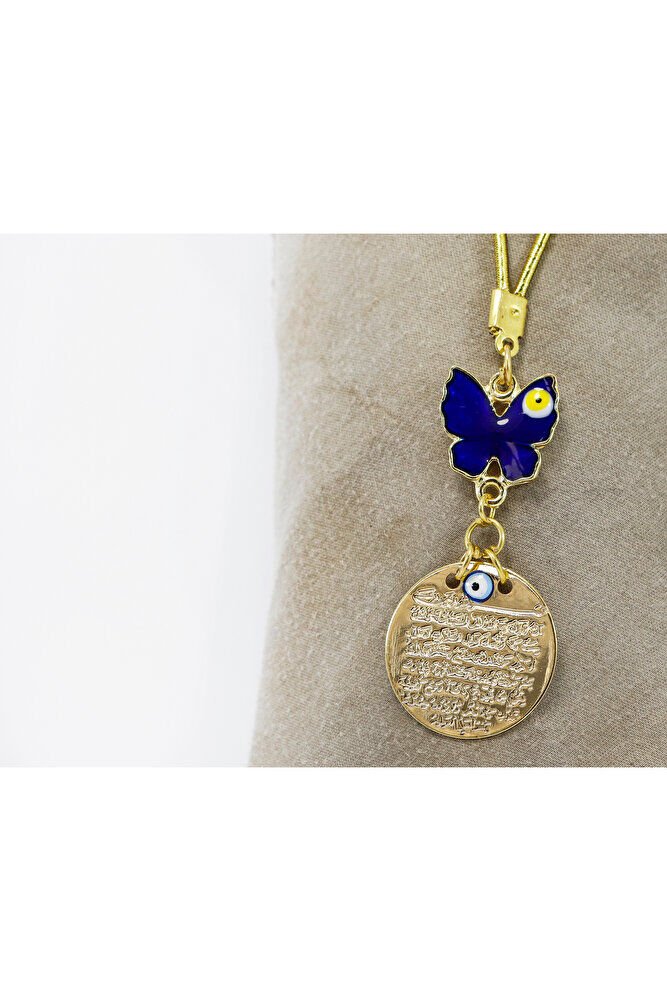 Lacivert Kelebek Nazar Boncuğu Ayetel Kürsi Metal Dikiz Ayna Süsü, Gold Renkli