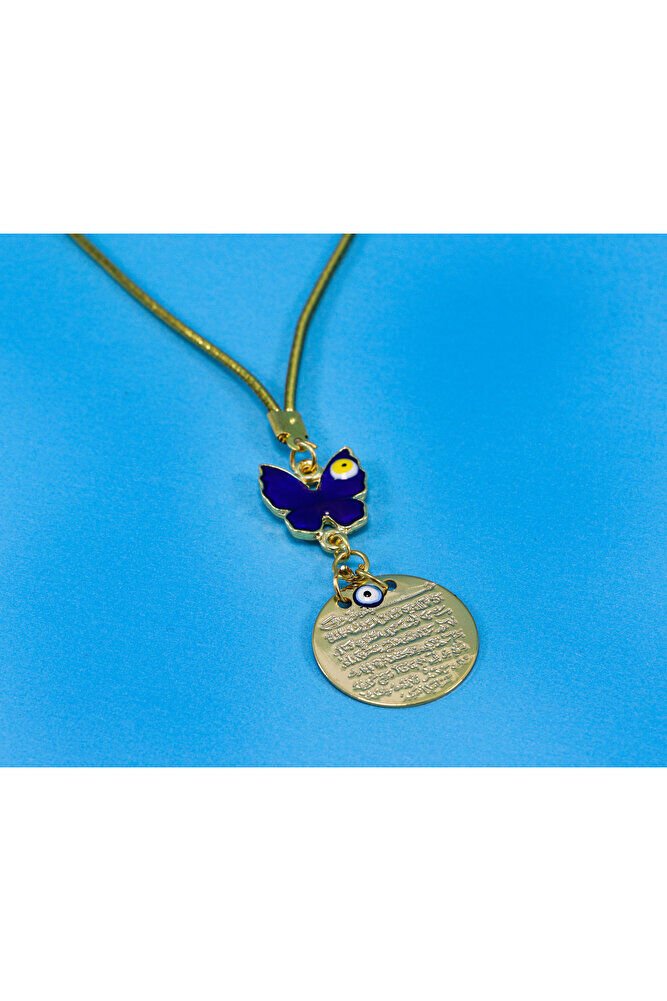 Lacivert Kelebek Nazar Boncuğu Ayetel Kürsi Metal Dikiz Ayna Süsü, Gold Renkli