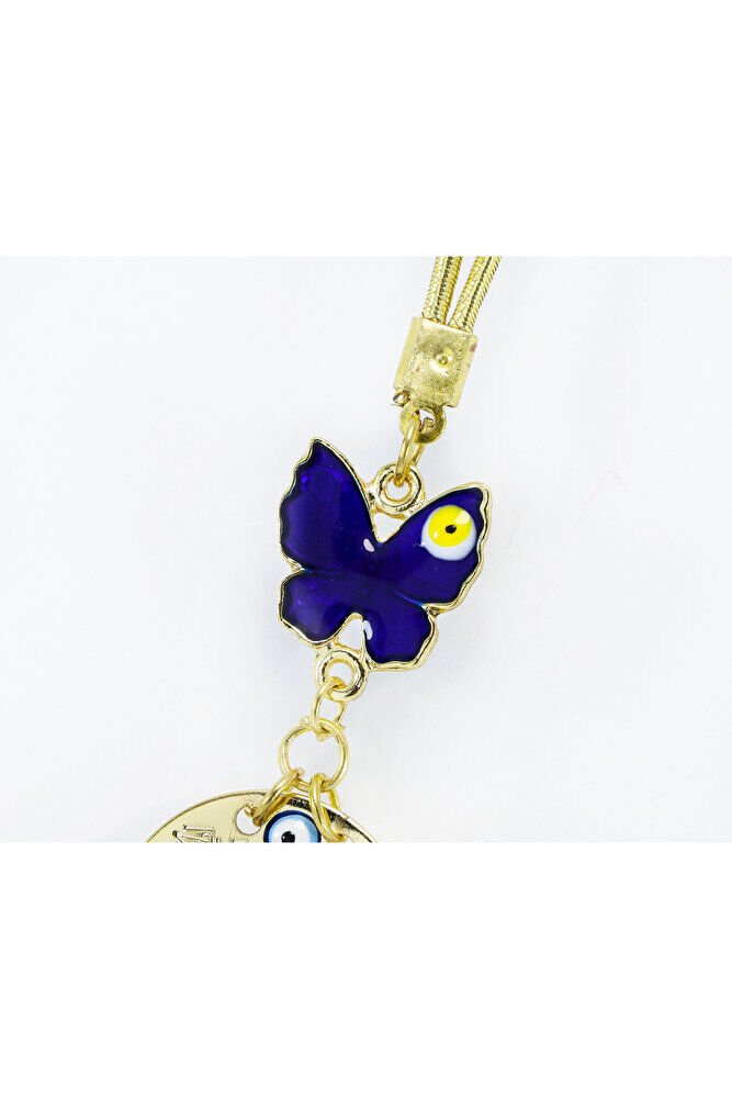 Lacivert Kelebek Nazar Boncuğu Ayetel Kürsi Metal Dikiz Ayna Süsü, Gold Renkli