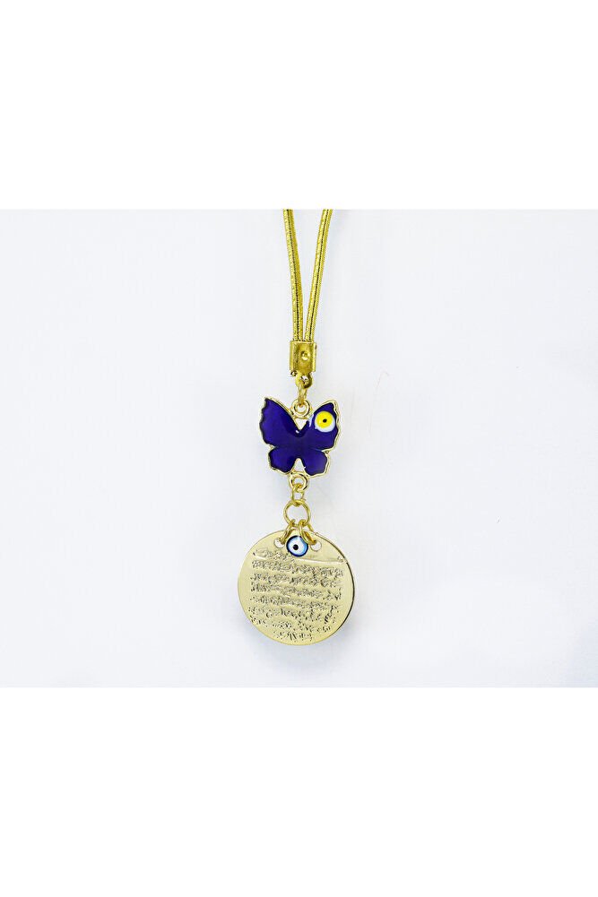 Lacivert Kelebek Nazar Boncuğu Ayetel Kürsi Metal Dikiz Ayna Süsü, Gold Renkli