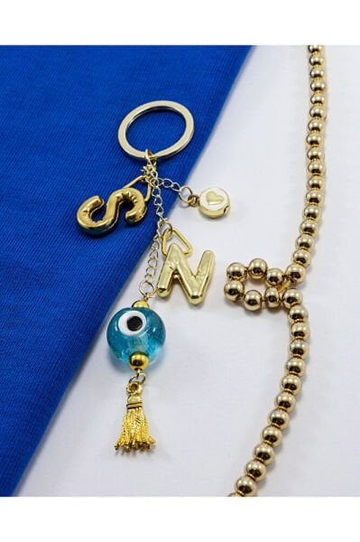 Turkuaz Cam Nazar Boncuğu Gold Renkli İki Harfli Metal Anahtarlık /Minik Çanta Süsü Sevgililer Günü