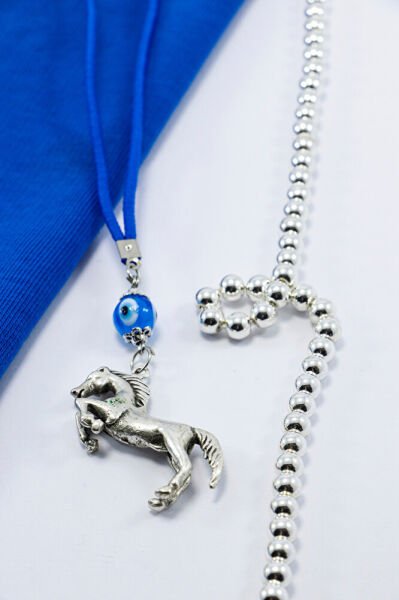 Turkuaz Cam Nazar Boncuğu Üç Boyutlu Metal At Araba Dikiz Ayna Süsü