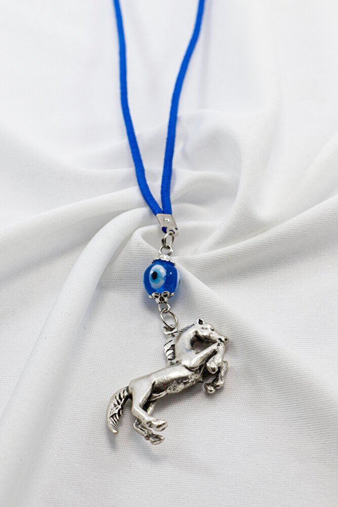 Turkuaz Cam Nazar Boncuğu Üç Boyutlu Metal At Araba Dikiz Ayna Süsü