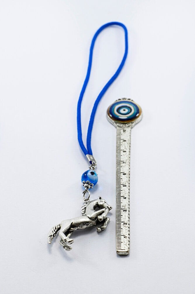 Turkuaz Cam Nazar Boncuğu Üç Boyutlu Metal At Araba Dikiz Ayna Süsü