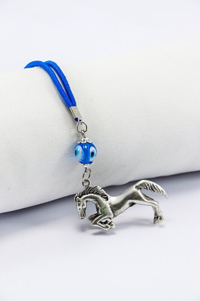 Turkuaz Cam Nazar Boncuğu Üç Boyutlu Metal At Araba Dikiz Ayna Süsü