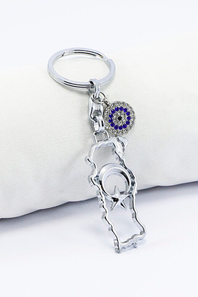 Ajurlu Gümüş Renk Metal Türkiye Haritası Anahtarlık,Parlak Taşlı Nazar Boncuklu Hediyelik Anahtarlık