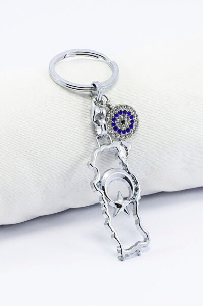 Ajurlu Gümüş Renk Metal Türkiye Haritası Anahtarlık,Parlak Taşlı Nazar Boncuklu Hediyelik Anahtarlık