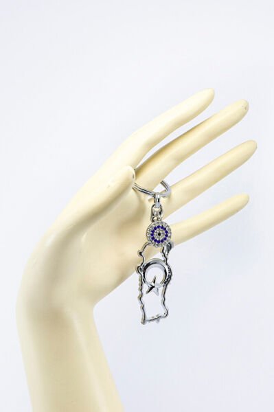 Ajurlu Gümüş Renk Metal Türkiye Haritası Anahtarlık,Parlak Taşlı Nazar Boncuklu Hediyelik Anahtarlık