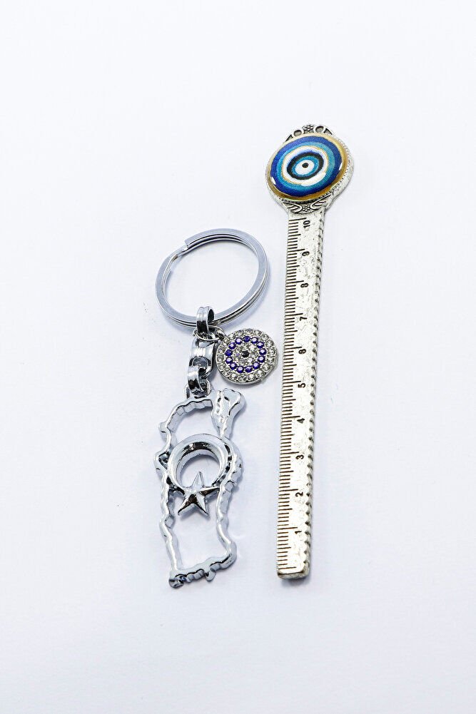 Ajurlu Gümüş Renk Metal Türkiye Haritası Anahtarlık,Parlak Taşlı Nazar Boncuklu Hediyelik Anahtarlık