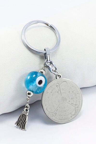 Paslanmaz Çelik Plaka Çift Taraflı Ayetel Kürsi Felak Nas İhlas Anahtarlık Turkuaz Nazar Boncuğu