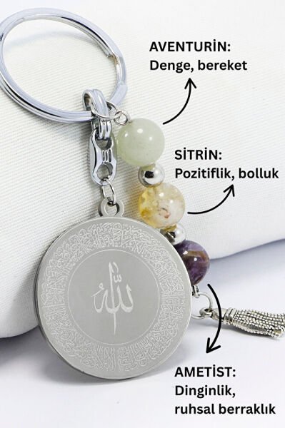 Çelik Çift Taraflı Ayetel Kürsi Felak Nas İhlas Anahtarlık, Doğal Taş Aventurin, Sitrin, Ametist