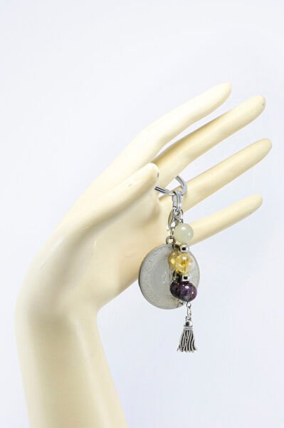 Çelik Çift Taraflı Ayetel Kürsi Felak Nas İhlas Anahtarlık, Doğal Taş Aventurin, Sitrin, Ametist