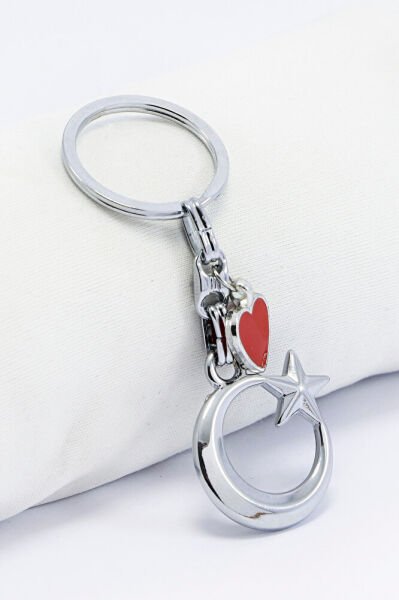 Kırmızı Metal Kalpli Gümüş Renkli Ay Yıldız Metal Anahtarlık, Hediyelik Çanta Süsü