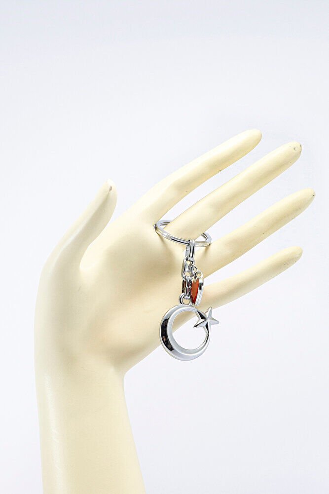 Kırmızı Metal Kalpli Gümüş Renkli Ay Yıldız Metal Anahtarlık, Hediyelik Çanta Süsü