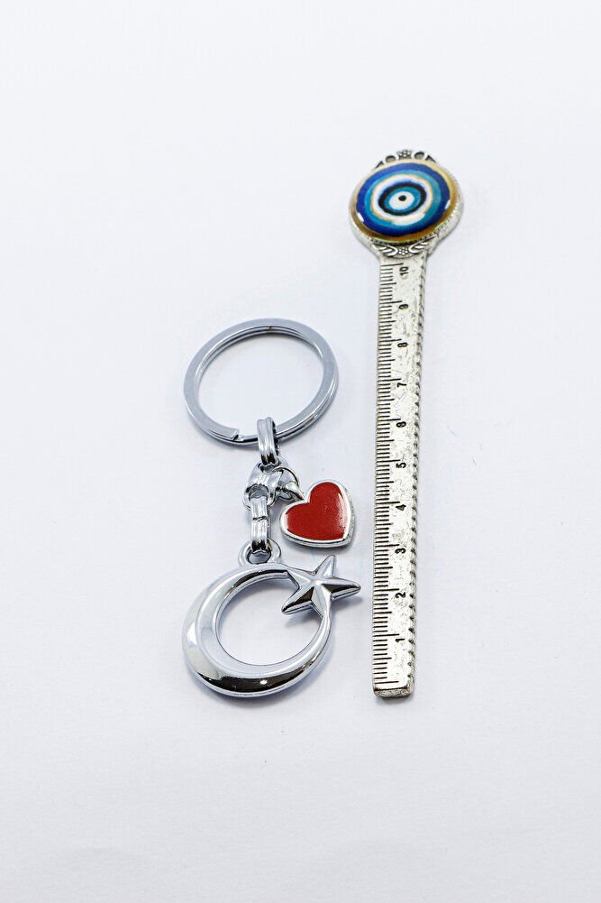 Kırmızı Metal Kalpli Gümüş Renkli Ay Yıldız Metal Anahtarlık, Hediyelik Çanta Süsü