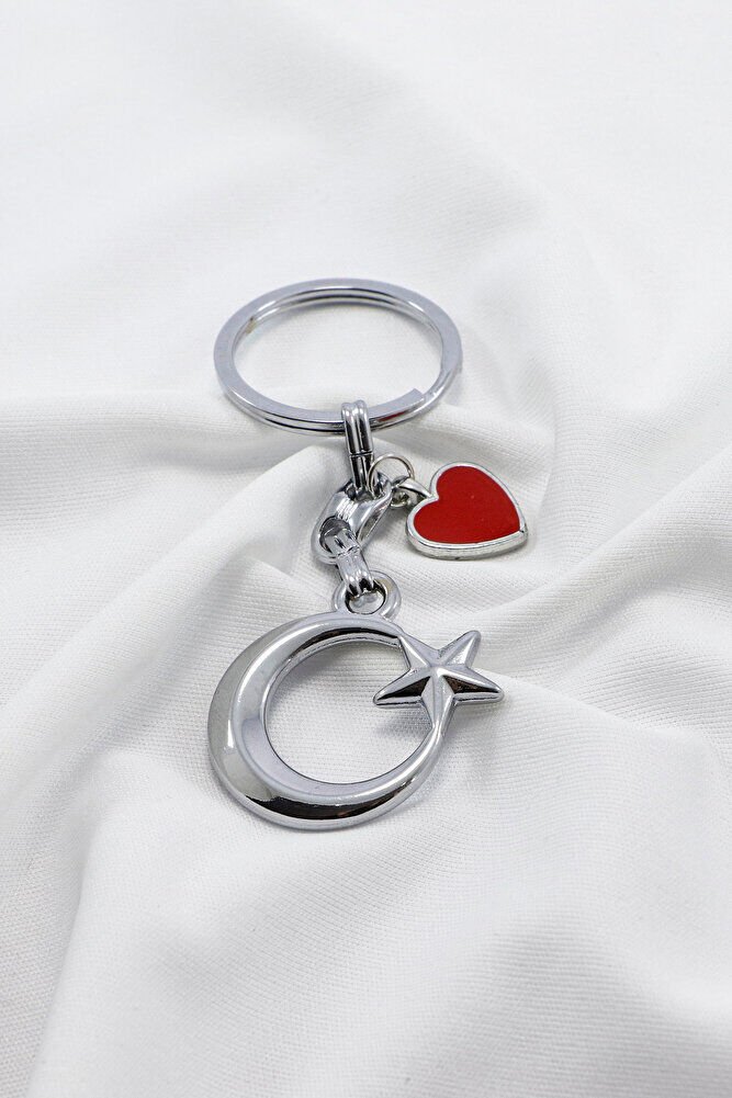 Kırmızı Metal Kalpli Gümüş Renkli Ay Yıldız Metal Anahtarlık, Hediyelik Çanta Süsü