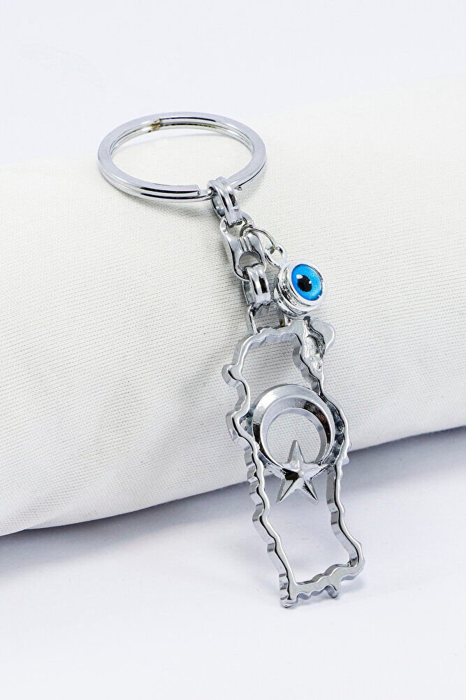 Ajurlu gümüş Renk Metal Türkiye Haritası Anahtarlık, Cam Nazar Boncuklu Hediyelik Anahtarlık