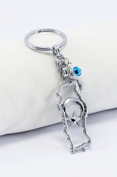 Ajurlu gümüş Renk Metal Türkiye Haritası Anahtarlık, Cam Nazar Boncuklu Hediyelik Anahtarlık