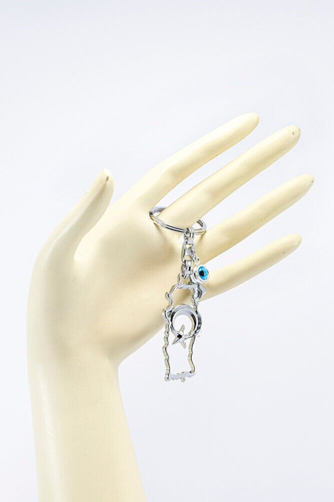 Ajurlu gümüş Renk Metal Türkiye Haritası Anahtarlık, Cam Nazar Boncuklu Hediyelik Anahtarlık