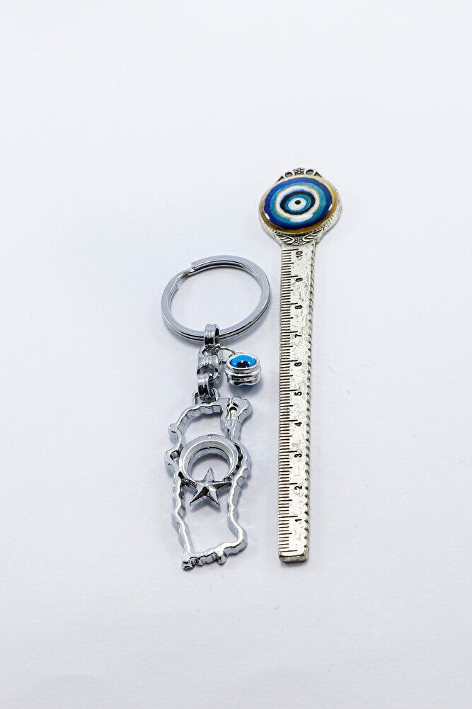 Ajurlu gümüş Renk Metal Türkiye Haritası Anahtarlık, Cam Nazar Boncuklu Hediyelik Anahtarlık