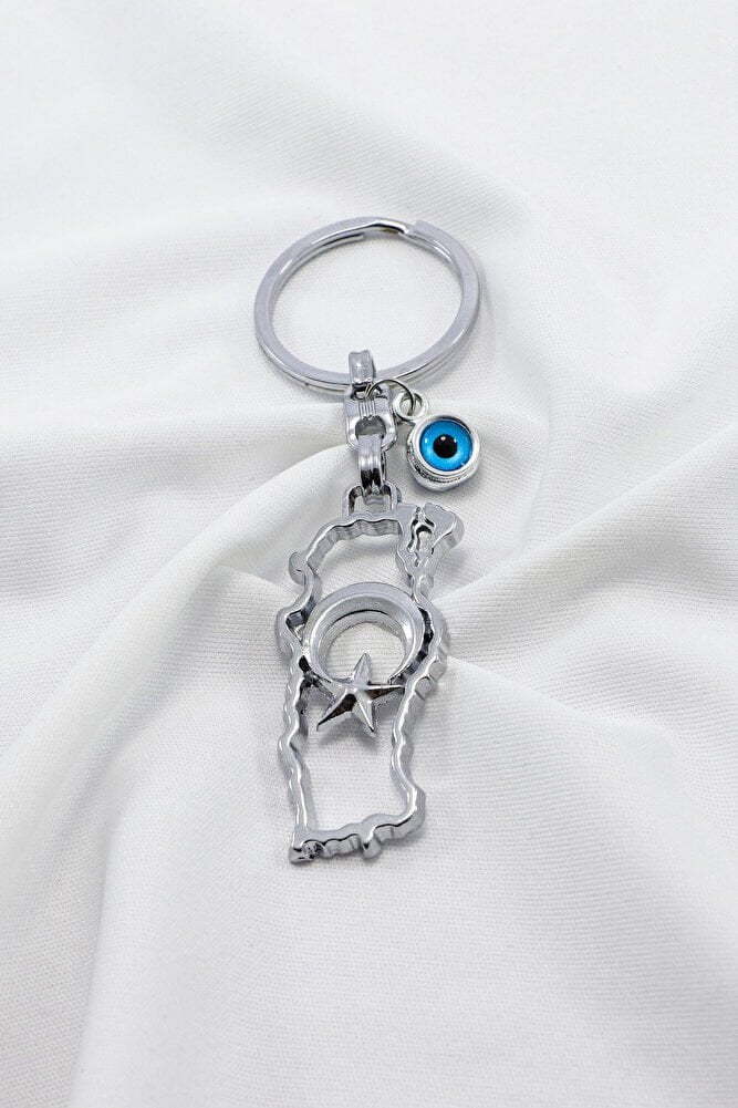 Ajurlu gümüş Renk Metal Türkiye Haritası Anahtarlık, Cam Nazar Boncuklu Hediyelik Anahtarlık