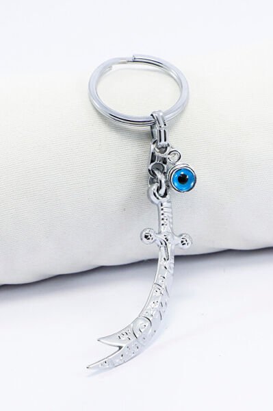 Parlak Metal Zülfikar Kılıcı Metal Cam Nazar Boncuklu Anahtarlık, Çanta Süsü