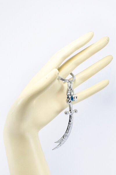 Parlak Metal Zülfikar Kılıcı Metal Cam Nazar Boncuklu Anahtarlık, Çanta Süsü