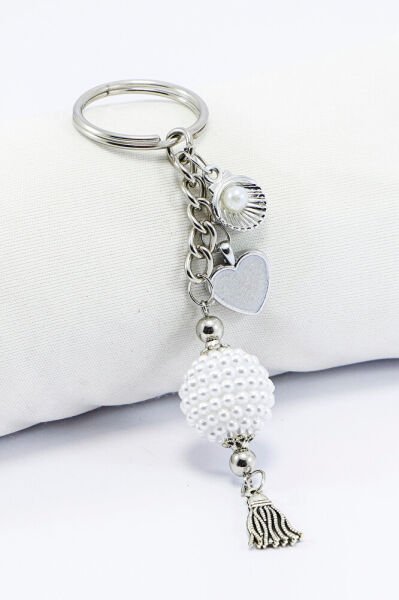 Gümüş Kalp Metalik Küçük Anahtarlık, İncili Deniz Kabuklu Küçük Çanta Süsü