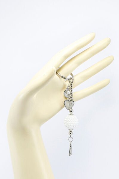 Gümüş Kalp Metalik Küçük Anahtarlık, İncili Deniz Kabuklu Küçük Çanta Süsü