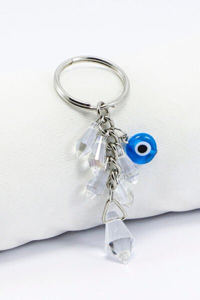 Kristal Saydam Boncuklu Cam Turkuaz Nazarlı Metal Ayetel Kürsi Anahtarlık, Hediyelik Çanta Süsü