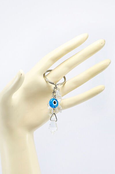 Kristal Saydam Boncuklu Cam Turkuaz Nazarlı Metal Ayetel Kürsi Anahtarlık, Hediyelik Çanta Süsü