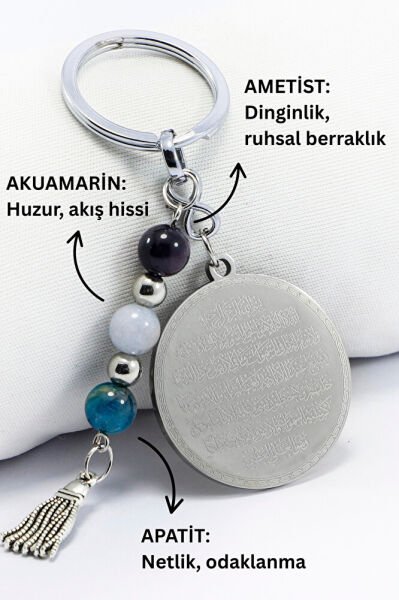 Çelik Çift Taraflı Ayetel Kürsi Nazar Ayeti Anahtarlık, Doğal Taş Akumarin, Apatit, Ametist