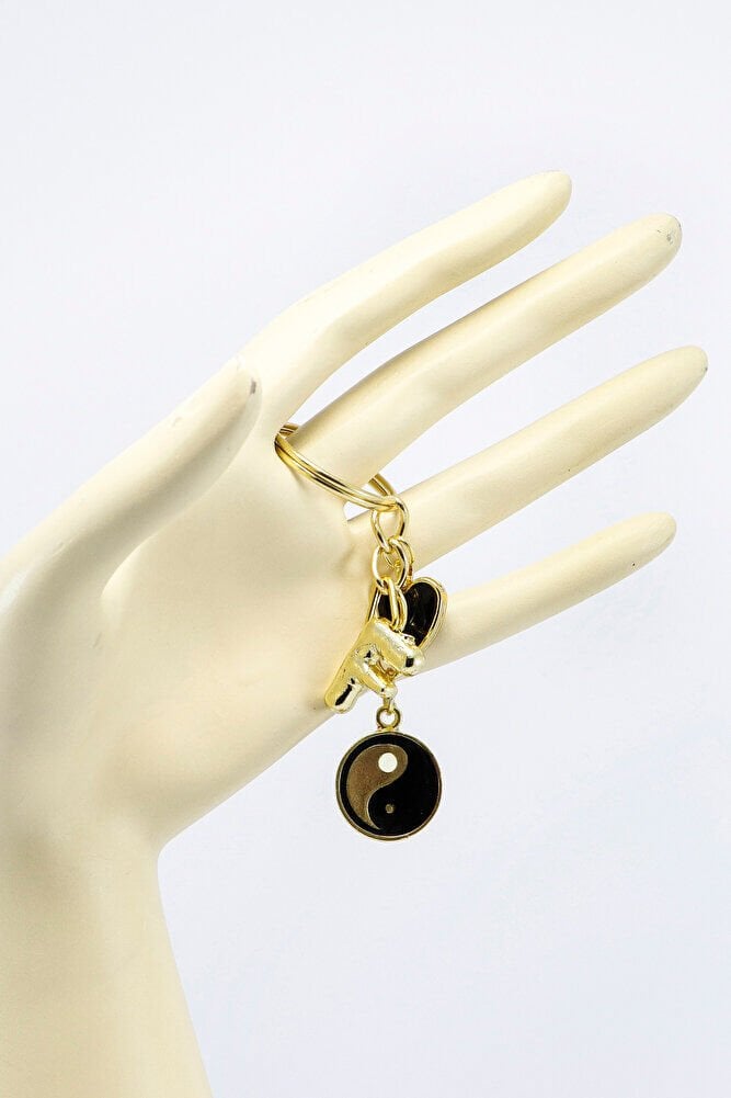 Metal Yin Yang Siyah Kalp Gold Renkli Küçük Metal Anahtarlık, Bombe F Harfi ÇAnta Süsü