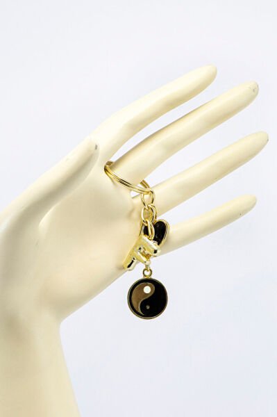 Metal Yin Yang Siyah Kalp Gold Renkli Küçük Metal Anahtarlık, Bombe F Harfi ÇAnta Süsü