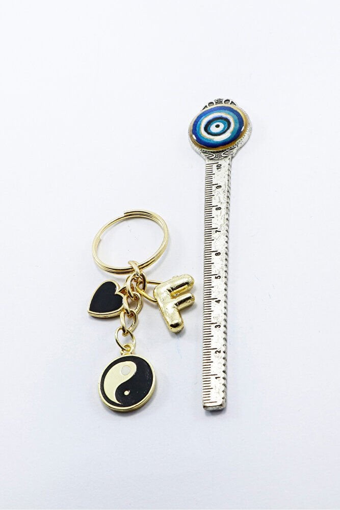 Metal Yin Yang Siyah Kalp Gold Renkli Küçük Metal Anahtarlık, Bombe F Harfi ÇAnta Süsü