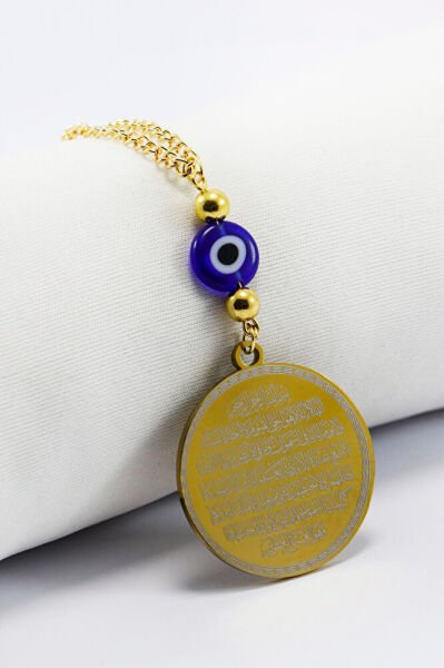 Yassı Nazar Gold 316L Paslanmaz Çelik Ayetel Kürsi / Felak Nas Ihlas Araba Dikiz Ayna Süsü Zincirli