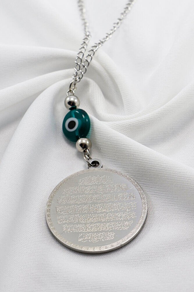 Yeşil Nazar Gümüş Renkli 316L Paslanmaz Çelik Ayetel Kürsi / Felak Nas Ihlas Araba Dikiz Ayna Süsü