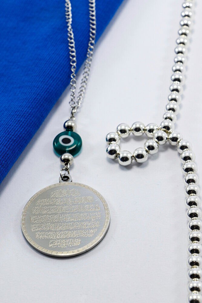 Yeşil Nazar Gümüş Renkli 316L Paslanmaz Çelik Ayetel Kürsi / Felak Nas Ihlas Araba Dikiz Ayna Süsü